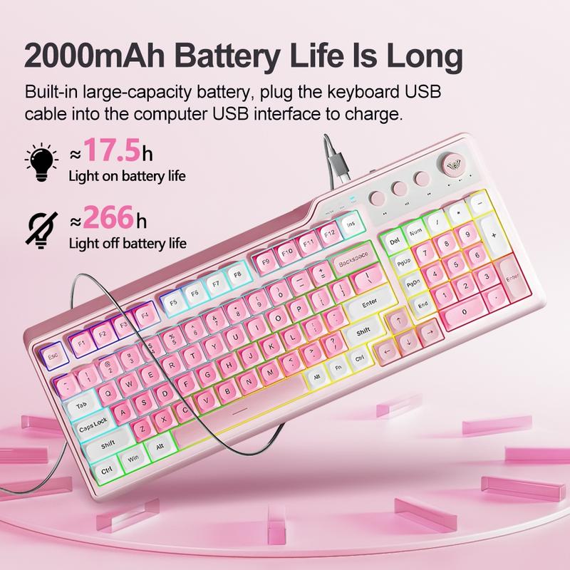 AULA F3099 membrane keyboard, features a 99-key layout, cool lighting effects, RGB Backlight Keyboard, supports wired and wireless connectivity, a 2000mAh rechargeable battery, quiet key presses, and compatibility with Windows/Mac/iOS devices. office use.