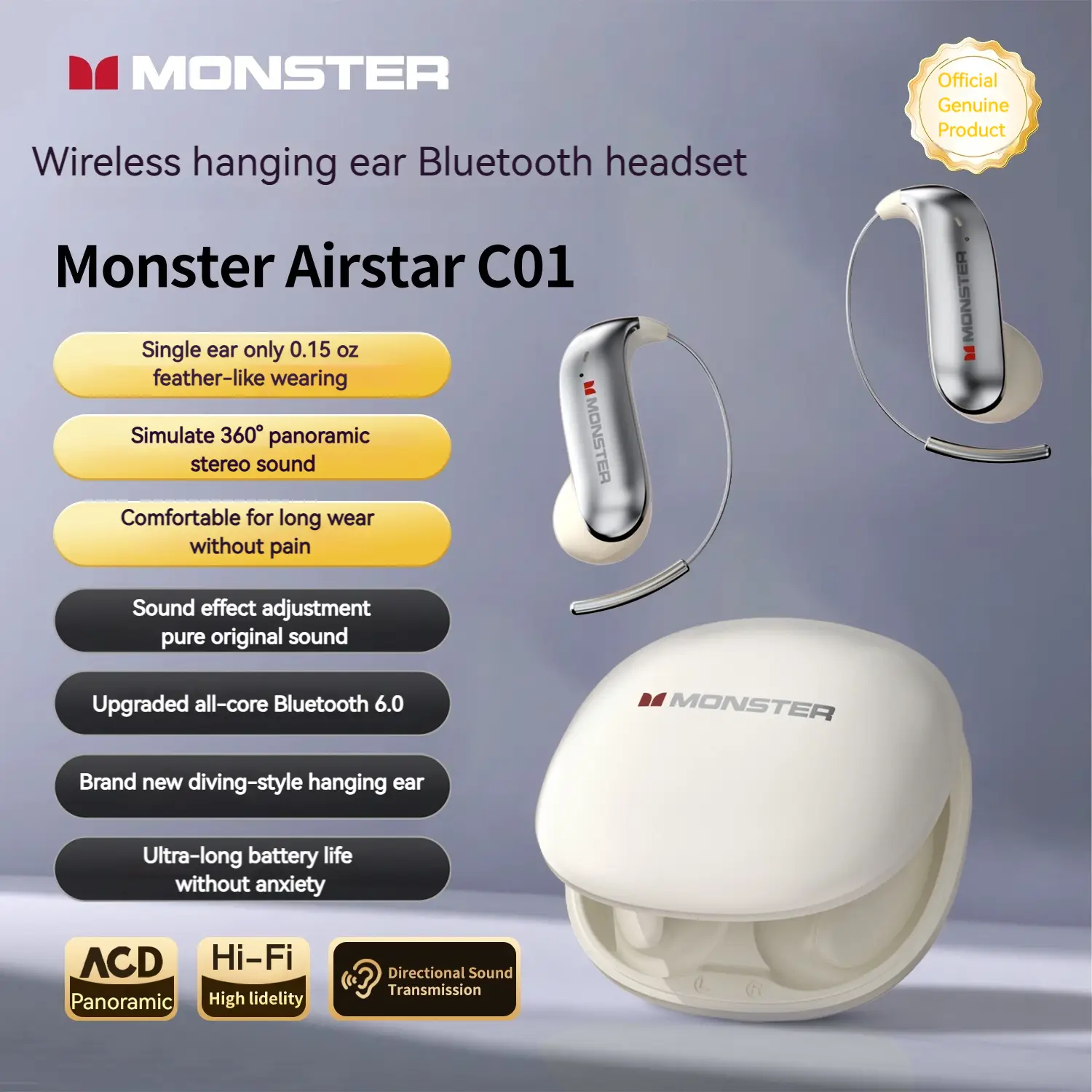 Monster Ear Buds - Bluetooth Headphones with Zero‑Gravity Titanium Ear‑Hook Design, Noise Isolation, 145H Playtime Wireless Earbuds Headset Bluetooth