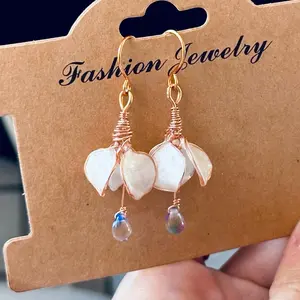 Pure Copper wire and UV epoxy Handmade drop flower earrings with glass iridescent teardrop beads and coated Copper jewelry wire findings~ elegant delicate flower earrings Custom design and handmade by me~one of a kind only made by me.