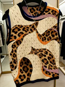 Women's Patchwork Leopard Colorblock Floral Knit Vest, Sleeveless Loose-Fitting Casual Top, Breathable Summer Spring Fashion