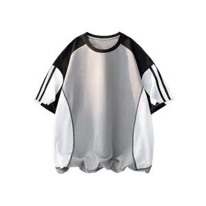 Summer striped color-block patchwork short-sleeve T-shirt, loose athletic versatile preppy short sleeves