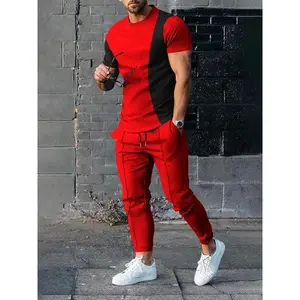 Men's Colorblock Patchwork Round Neck Tee & Plain Sweatpants Set, Regular Fit Short Sleeve T-shirt & Drawstring Waist Pocket Jogger Pants, National Day Clothing, Men's Summer Outfits, Casual Trousers & Top, Menswear, Casual Clothing Sets