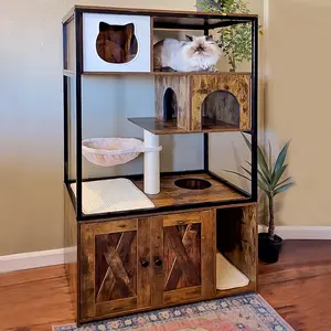 Aivituvin Wooden 3-Story Cat Condo with Litter Box Enclosure| Strong Iron Frame-AIR102