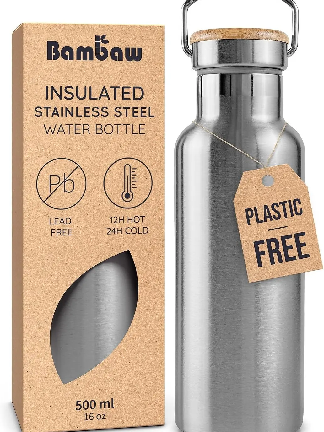 Bambaw Metal Insulated Water Bottle 16 oz, Stainless Steel Water Bottle Insulated, Reusable, Keeps Drinks Cold for 24h Cold & Hot for 12h, With Wide Mouth That Fits Tea Balls