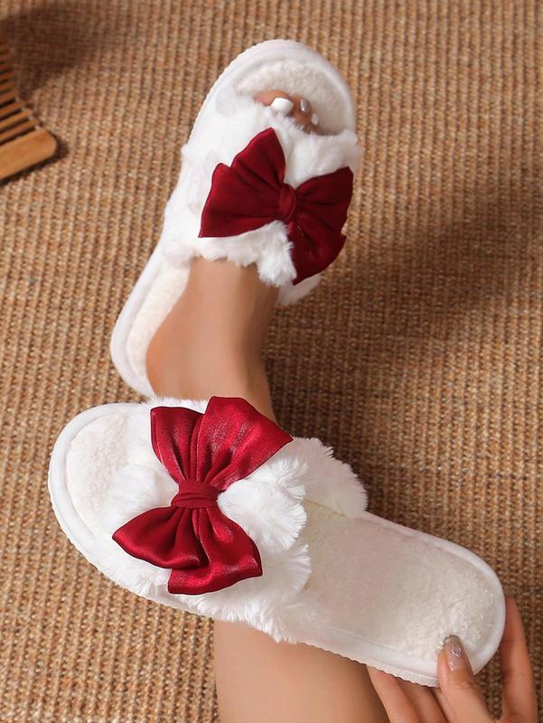 Bowknot Plush Warm Women's House Slippers, Comfortable Breathable Indoor Slippers For All Seasons
