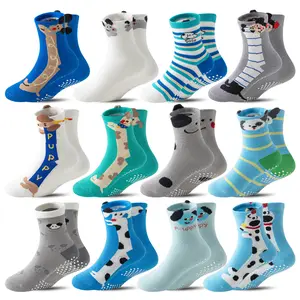 12 Pairs Baby Boy Toddlers Grips Socks 12 Pairs Kids Anti Slip Non Skid Animal Funny Cartoon Crew Breathable Cotton Socks