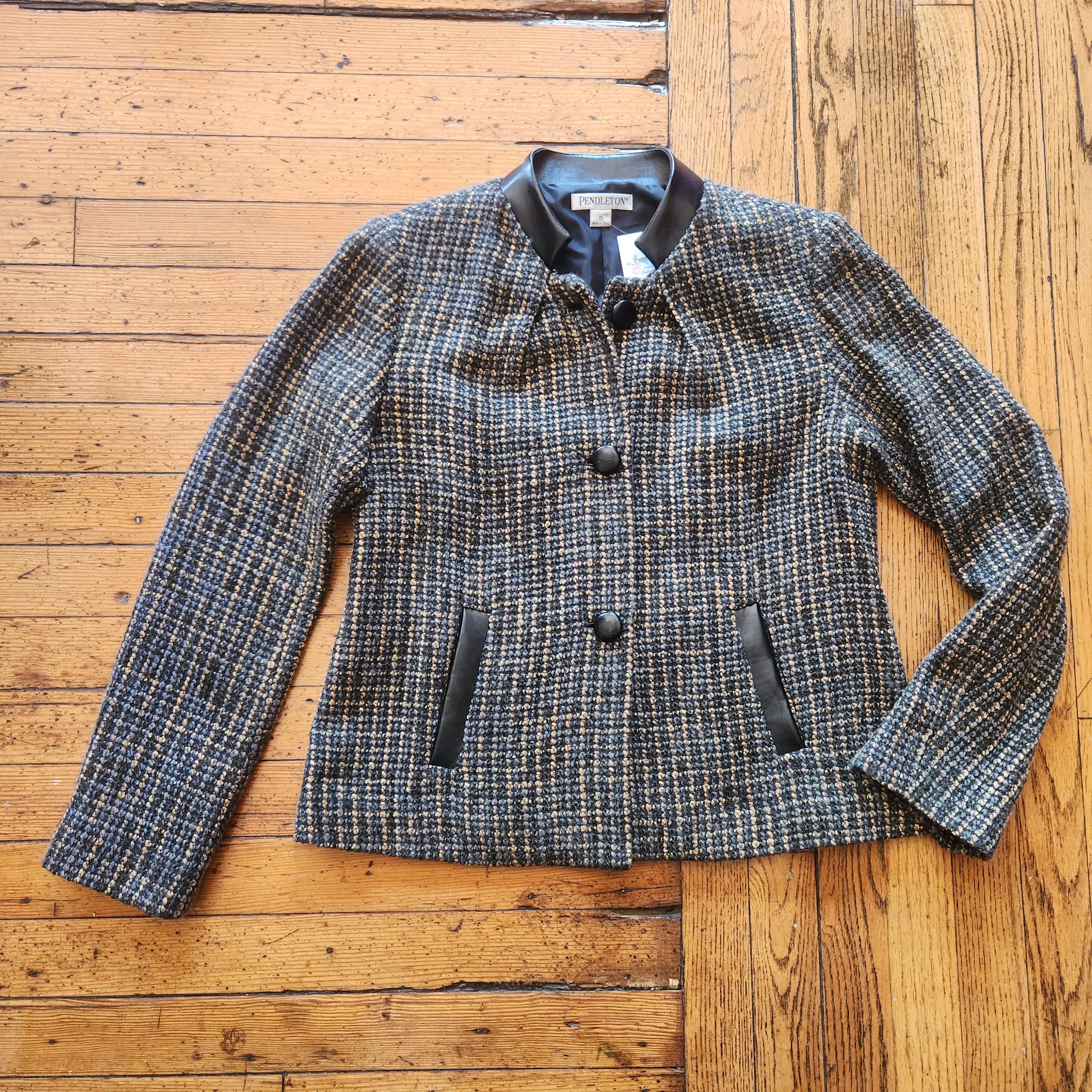 Pendleton Vintage Pleather Trim Tweed Blazer Jacket Green, Gold & Black Size 10