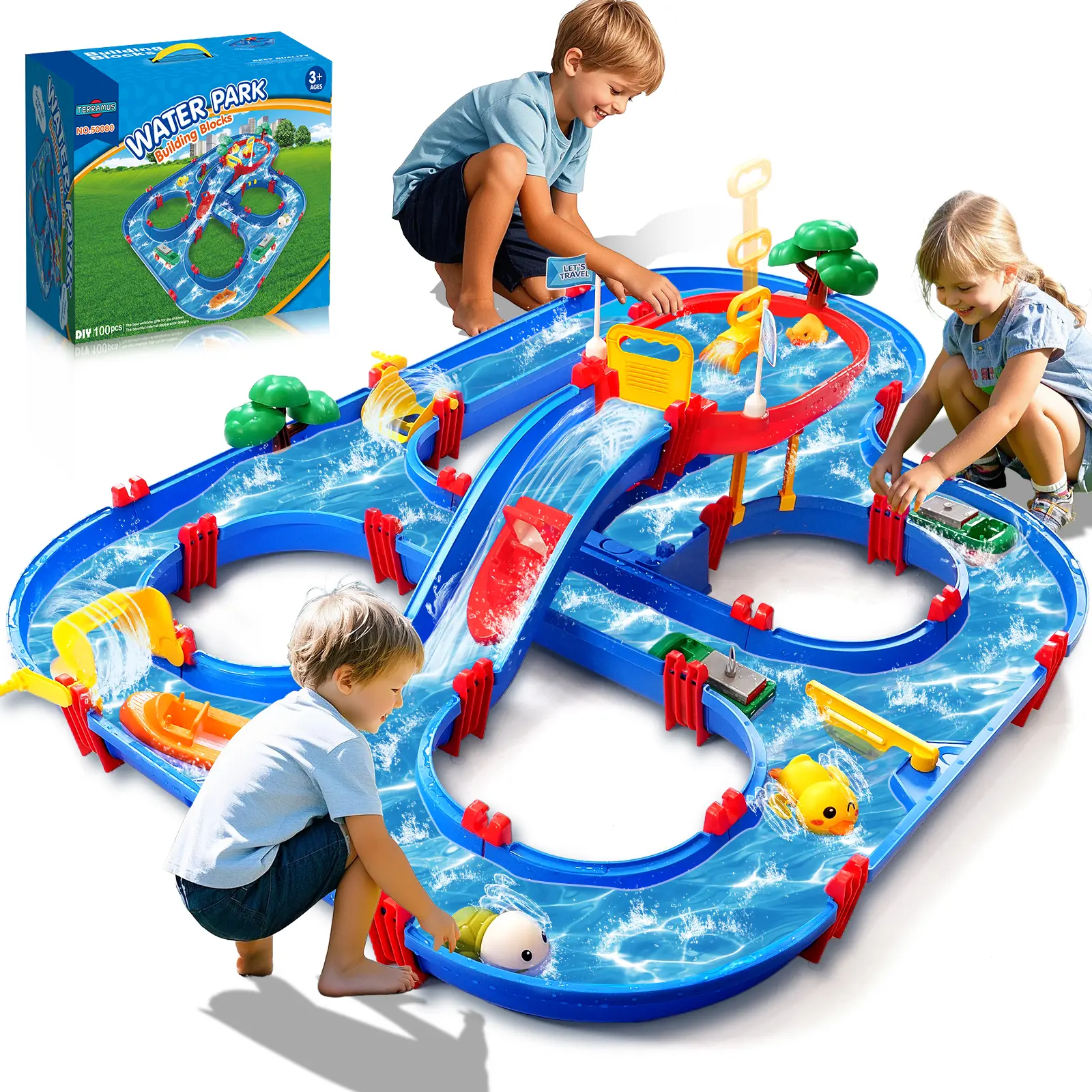VATOS 2-Tier Water Table for Toddlers in Summer,100PCS DIY Waterways Playset with Pump for Outside Yard,Beach,Poolside Activity Sensory Play Table Addition for Kids Boys Girls Age 3 4 5 6 Year Old Summer Vibes