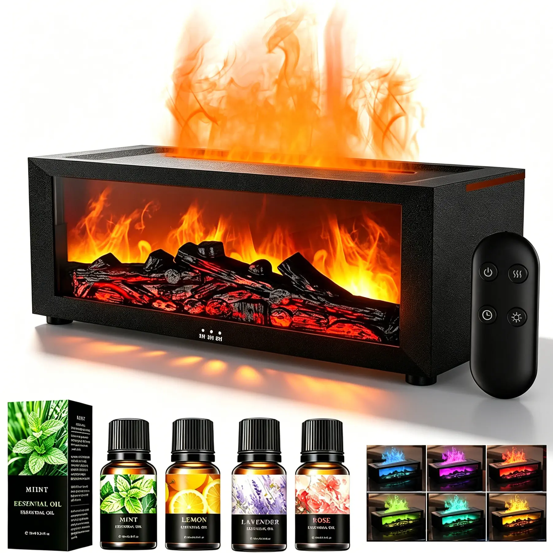 【2026 Upgraded】Multifunctional LED Light Electronic Fireplace Flame Aroma Diffuser Humidifier, 150ml Noiseless Device with Color Changing 7 Flame Colors, Timer, Remote Control, Home Bedroom Gift