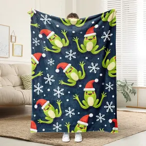 1 Comfortable Christmas Frog Snow Scene Flannel Blanket, Soft Printed Cooling Blanket, 100% Polyester Fiber, Perfect Gift For Family And Friends