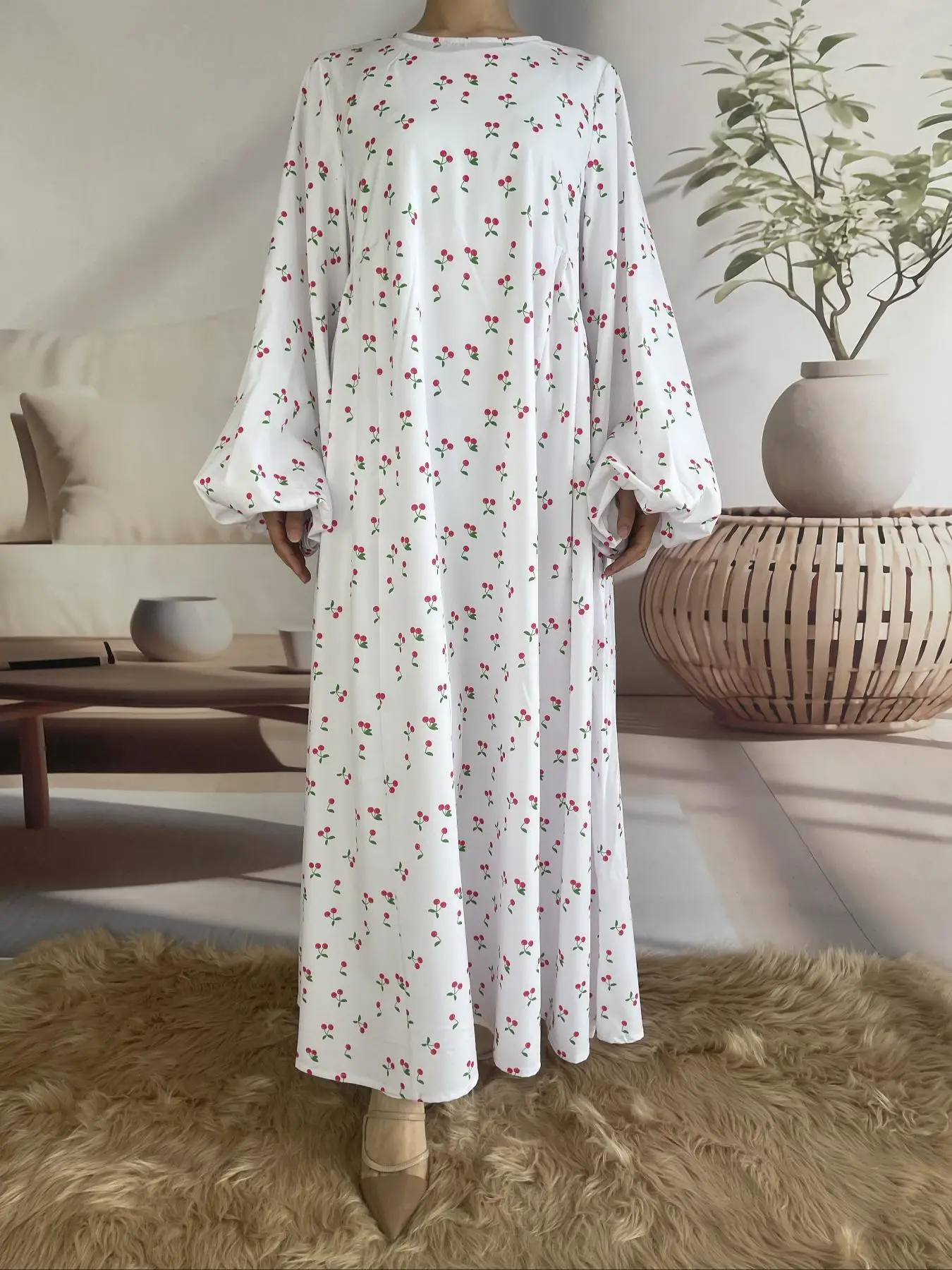 Women's Cherry Print Lantern Sleeve Abaya, Modest Long Sleeve Round Neck Dress for Daily Wear, Ladies Islamic Maxi Clothing for All Seasons