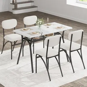 Dining Table Set for 4, Kitchen Table with Boucle Chairs for 4, Modern Rectangular Dining Table with Storage Rack for Small Space