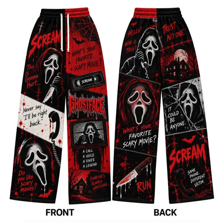 Ghostface Horror Loose Sweatpants, Scream Inspired Neon Graphic Wide Leg Pants, Halloween Slasher Movie Streetwear, Unisex Baggy Pants For Men, Women