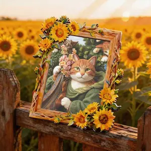 Vintage Musician Cat Picture Frame Refrigerator Magnet, Sunflower Design, Retro Oil Painting Texture, Magnetic Fit for Metal Surfaces, Home Decor
