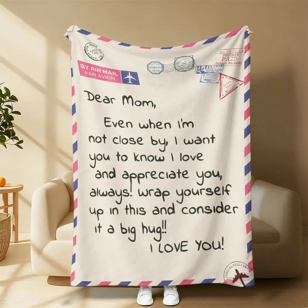 Airmail Print Dear Mom Vintage Envelope Stamp Handwritten Letter Fleece Throw Blanket - Sentimental Long Distance Love Quote, Oversized Washable, Ideal for Mothers, Home Use, All Year, Movie Night, Mothers Day Birthday Gift for Mom, Bedroom Sofa Textile,