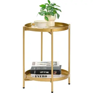2-Tier Round End Side Table, Small Metal Side Table with Removable Tray, Folding Accent Tables for Living Room, Balcony, Nightstand for Bedroom, Outdoor Tables for Patio, Gold