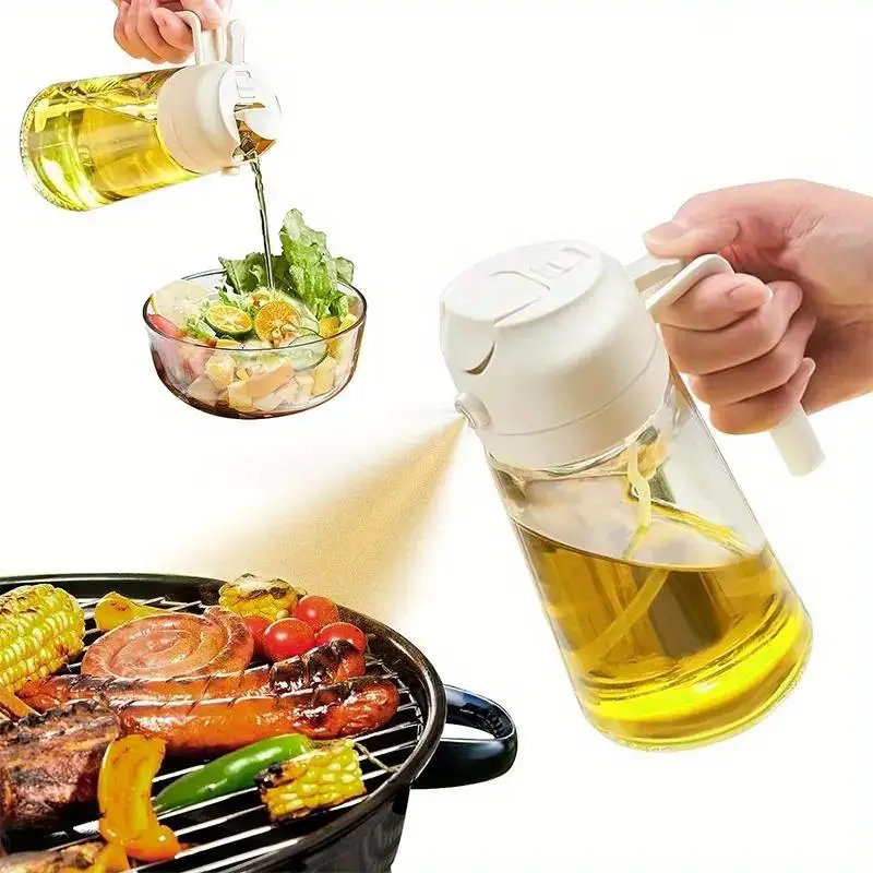 2 in 1 Olive Oil Dispenser & Oil Sprayer, Transparent Oil Dispenser Lid Bottle, Kitchen Oil Glass Sprayer for Food Cooking, Salad, Barbecue, Kitchen A