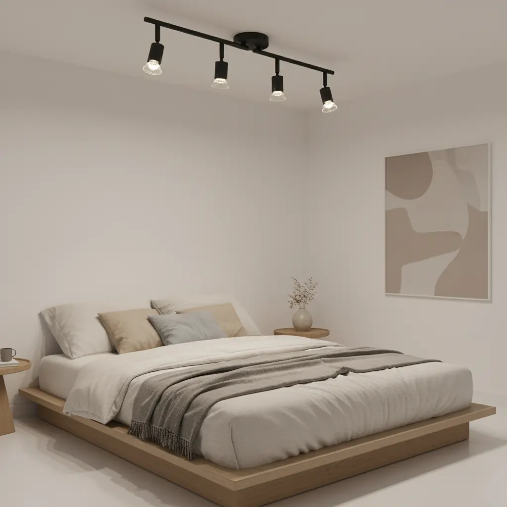 4-Light Track Spotlight Fixture (Ceiling Mount) — Black Adjustable Track Light (Rotatable Heads); Suitable for Living Rooms, Kitchens, or Hallways; Features a Matte Black Finish, Semi-Flush Mount Installation, and Hardwired Connection.