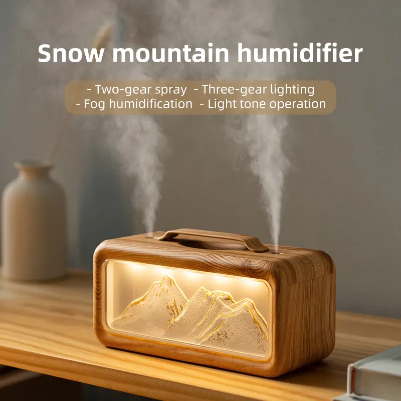 600ml large water tank with dual spray outlets, fine & even mist output, long-lasting humidification.Exquisite snow mountain background with soft night light, create cozy ambiance for sleep, yoga and meditation.