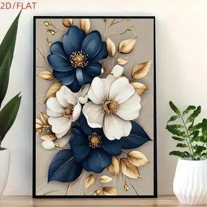 2D Flat Elegant White and Navy Blue Flower Bouquet with Golden Leaves Canvas Print Poster Modern Wall Art Decoration for Living Room Dining Room Office Bedroom Home Ornaments Artistic