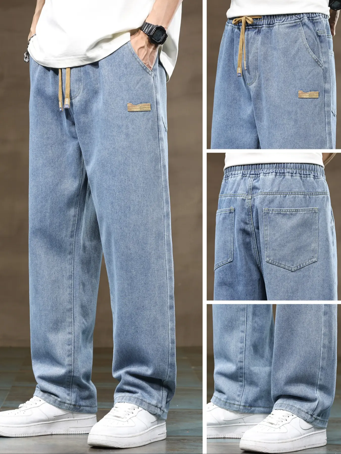 Men's elastic waist straight-leg plus-size Light Wash Drawstring Pocketed Denim Jeans, Streetwear Pants, comfortable, perfect for daily casual wear, Casual Comfy Jeans