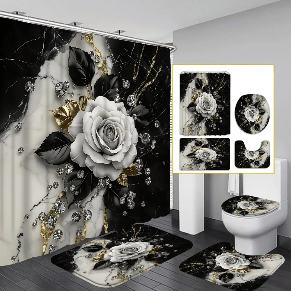 1PC/4PCS 2D Flat Black and Gray Rose Pattern Printed Aesthetic Decorative Shower Curtain, Modern Home Bathroom Restroom Decor, Bathroom Decoration Accessories, Bathroom Accessory, Shower Curtain Set with 12 Hooks, Bathroom Non-Slip Mat, Toilet Seat Cover