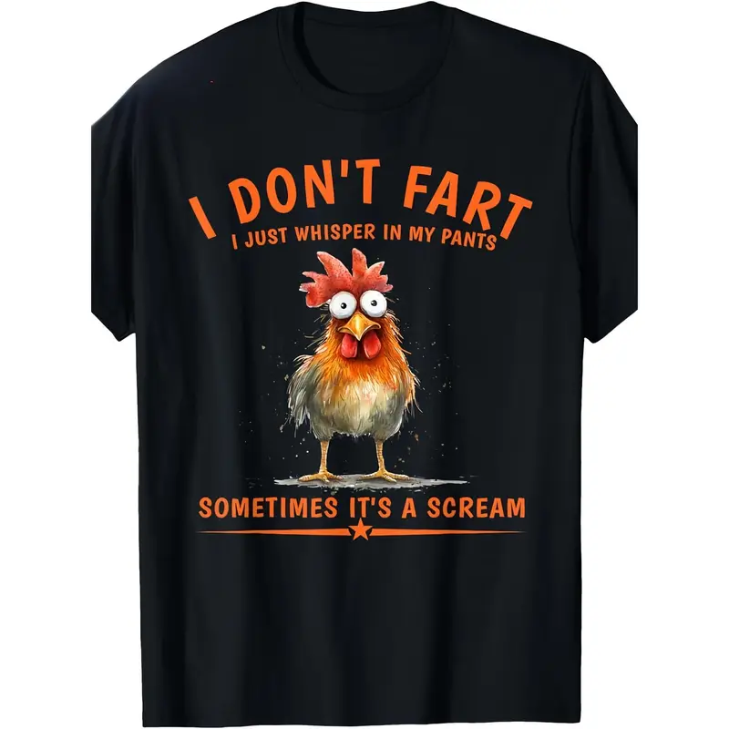 Men'S Funny "I Don't Stink I Just Whisper in My Pants" T-Shirt - Heavyweight 100% Big & Tall Sizes, Black with Orange Text & Cartoon Chicken Graphic - Humorous Novelty Saying, Machine Washable Casual Crew Neck Tee for Gym, Parties