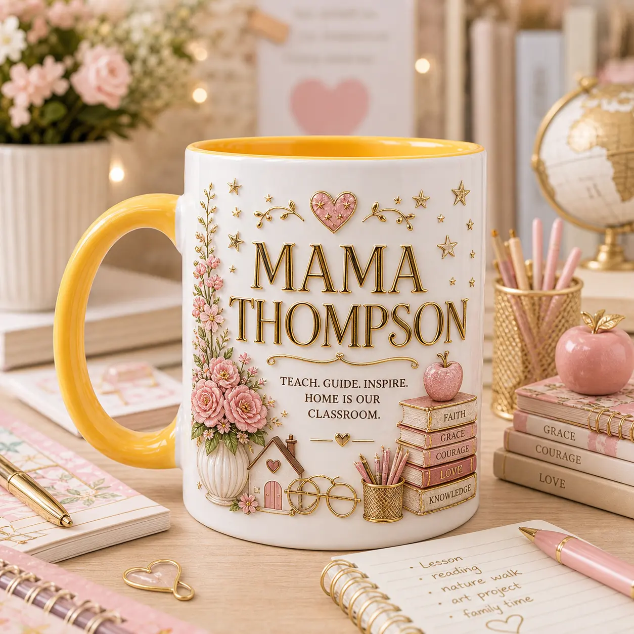 Custom Mom Name Homeschool Teacher Mug Coffee Cup 2D Printed 3D Effect School Design Durable Ceramic for Homeschool Moms Teachers Educators Parents Family Friends Back to School Birthday Holiday Appreciation Meaningful Gift Idea