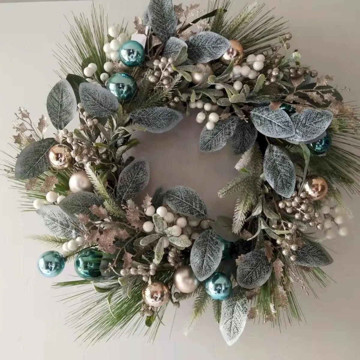 Greenery, White Berries & Gold & Blue Balls Wreath