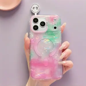 Premium Silicone Smartphone Casing - Customized Iridescent Shell Texture, Magnetic Fit, Full-Body Shockproof Protective Cover for iPhone 17 Pro Max, 16, 15, 14, 13 (Pink Tech Cellphone Accessory for Spring Vibe)