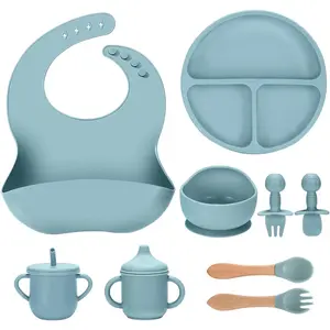 Silicone Baby Feeding Set 9 Pcs, Spill-Proof Suction Plate, Bowl, Bib, Silicone spoon&forks, Wooden Spoons&forks, Training cup with straw and Sippy Cup, Baby Eating Utensils (Blue)