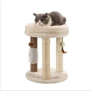 4-in-1 small cat climbing frame, cat scratching post with tower-style soft bed, equipped with a hemp rope carpet, three hanging ball toys, and a massage brush, suitable for indoor cats and kittens