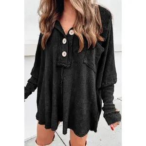 Black Waffle Knit Buttoned Long Sleeve Top
