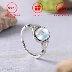 2.5g S925 Silvery Moonstone Ring Women's Vintage Celtic Knot Oval Rainbow Moonstone Ring Daily Wear Party Holiday Gift Gift Box