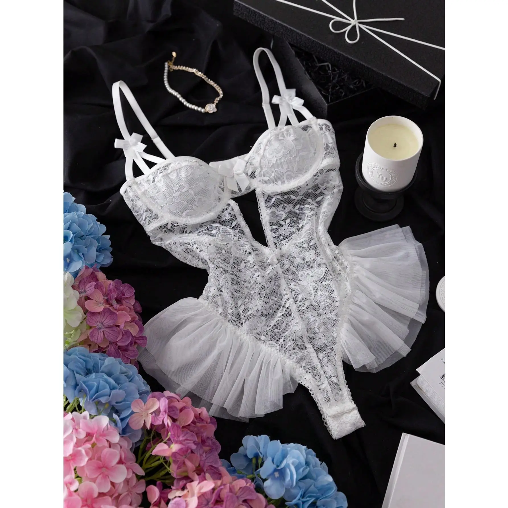 Women's Elegant Underwire Bodysuit - Butterfly Lace, Mesh Fabric, Ruffle Trim, Sheer, Stretchy Spandex-Nylon Blend, Fit for Bridal & Going Out Lingerie