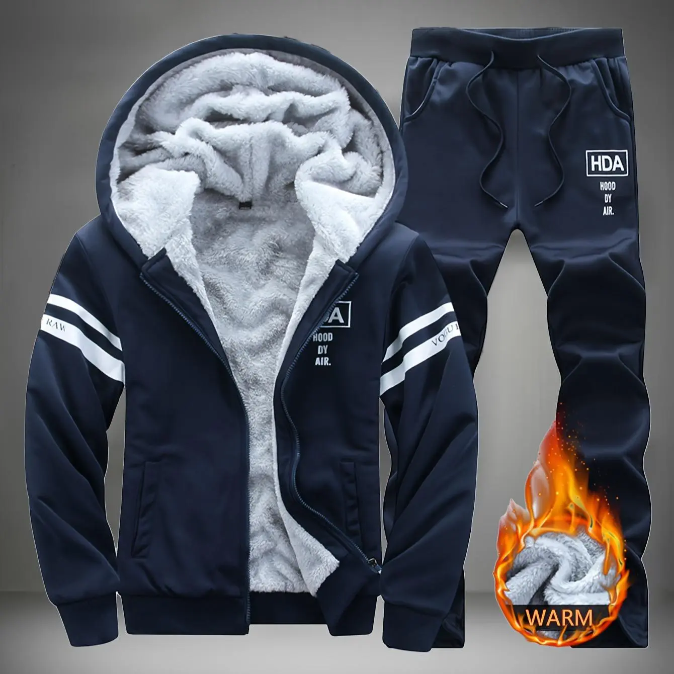 Men's 2 Piece Sets, Thick Warm Solid Sweatsuit with Hooded Long Sleeve Top for Winter Streetwear and Outdoor Wear, Solid Tracksuit