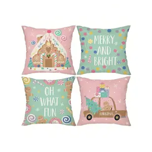 4 Packs Christmas Pillow Covers 18x18 - Contemporary Polyester Cushion Covers With Zipper, Hand Wash, Festive Gingerbread Man & Candy Design For Home Decor, Sofa, Living Room, Various Rooms