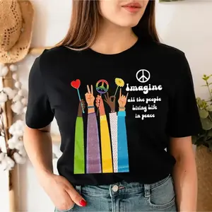 Women's Short-Sleeve Streetwear T-Shirt, Beatles "Imagine All The People Living Life In Peace" Song Lyrics, John Lennon Music, Hippie Heart Design, Gift For Lady Friend