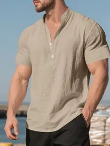 Men's white linen Henry shirt, Casual henley shirt - short sleeve - stand-up collar, Casual button front, lightweight and breathable fabric, loose fit, perfect for summer beach vacations, casual outings, everyday wear