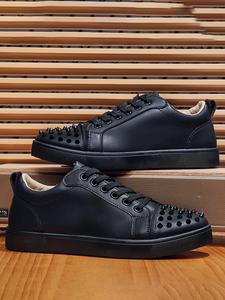 "people with wider feet please choose one size larger." men's fashionable studded decor lace up skate shoes, casual comfortable sports shoes for daily wear, male all-match round toe shoes for daily wear, gym shoes, athletic shoes sneaker