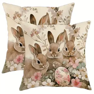 2pcs, Easter Themed Throw Pillow Covers, Cute Rabbit & Floral Design with Pastel Egg, Home Décor Products, Cushion Cover for Couch Sofa, Room Decor and Bedroom Decor, Suitable for Spring Decoration, Single Sided Printing, No Pillow Core
