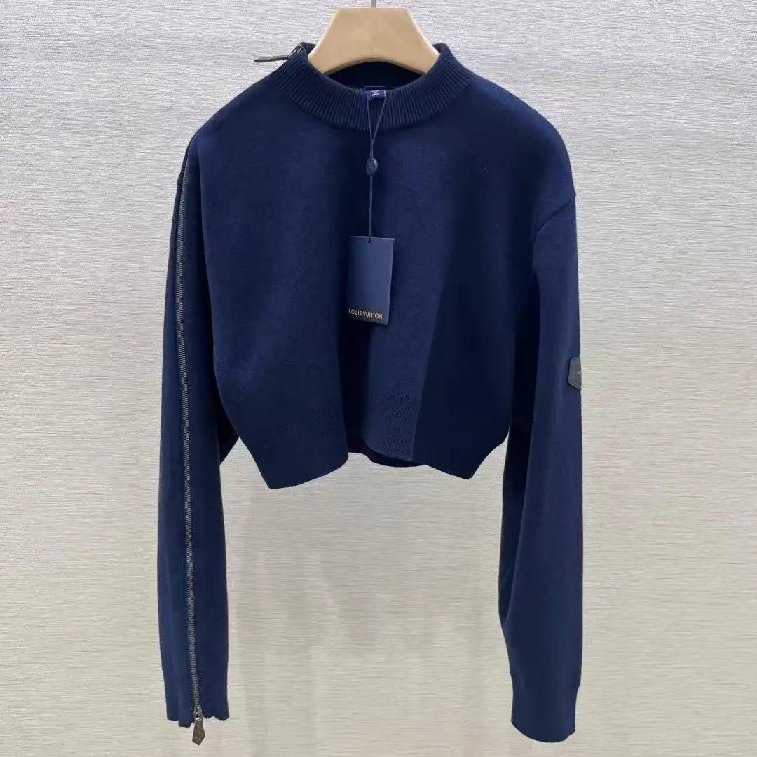 Pre-owned Louis Vuitton Navy Monogram Logo Patchwork Cuff Round Neck Croptop Sweater XS Size (101960), Short Length