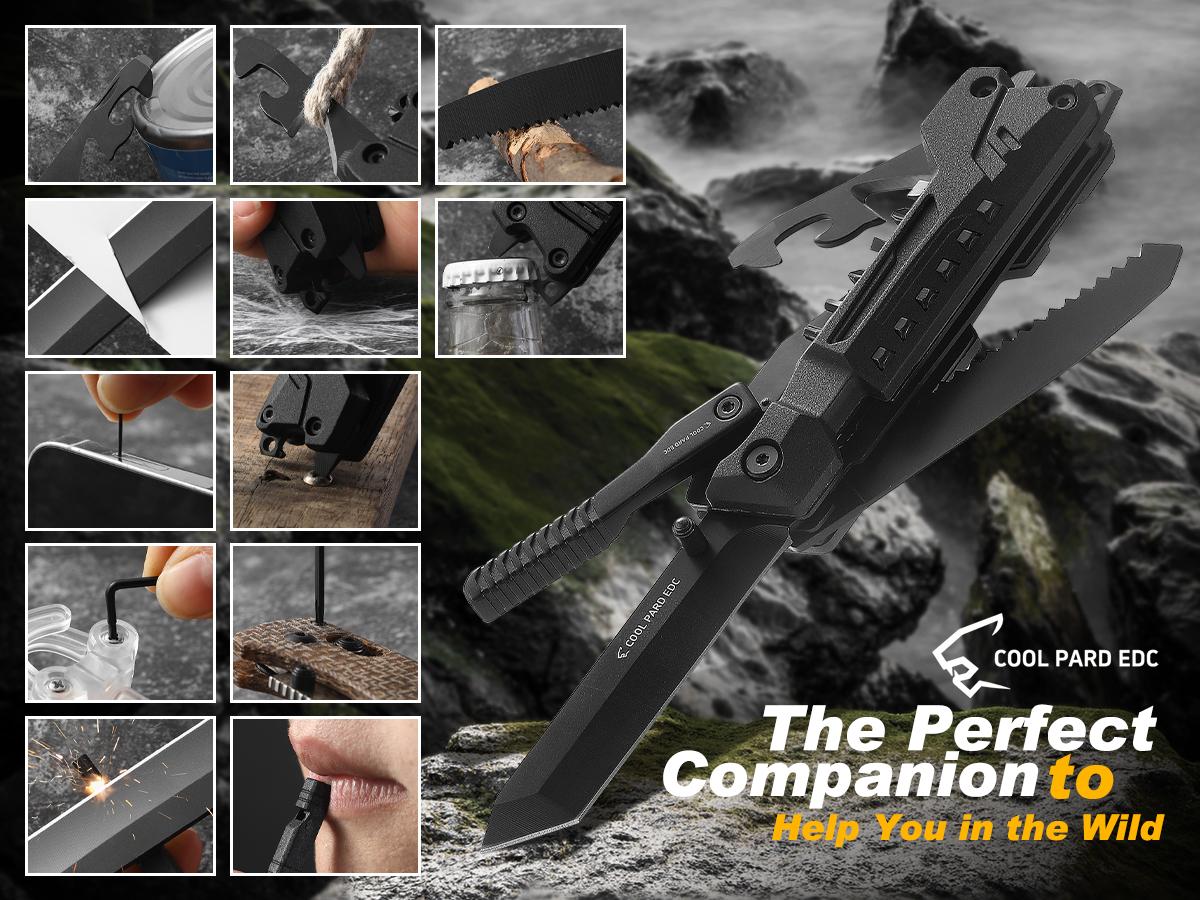Multitool Knife，17 in 1 Multi Tool Knife,Gifts for Men,Multitool Pocket Knife with Fire Starting Sticks,Bottle Opener,Whistle,Glass Breaker，Perfect for Outdoor,Camping, Survival, Repair