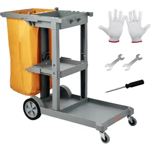 VEVOR Cleaning Cart, 3-Shelf Commercial Janitorial Cart, 200 lbs Capacity Plastic Housekeeping Cart, with 25 Gallon PVC Bag and Cover, 47x 20x 38.6in, YellowBlackVEVOR Super Brand Day