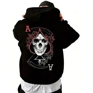 Men's Viral Skull & Ace of Spades Hoodie - Long-Sleeve Breathable Fabric Pullover, Loose-Fit Drawstring Top, Reaper Rose Graphic Casual Street Style Sweatshirt Black