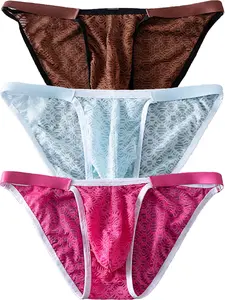 3pcs Men's Mesh Transparent Camo Briefs, 3-Pack Elastic Low Waist Fitted Thin Sports Underwear, Comfortable Bikini Bottoms, Trendy Tropical Shorts