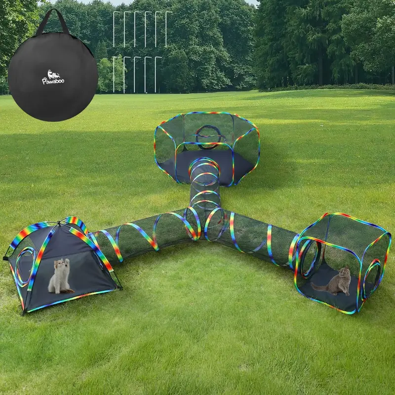 Outdoor Cat Enclosures for Cats Indoor, Patio Portable Mesh Cat Tent, Tunnel, Playhouse with Free Carry Bag & Metal Rod for Multiple Small Animals, Includes Cat Playpen+2 Tent+ Tunnel,Rainbow,familyfun