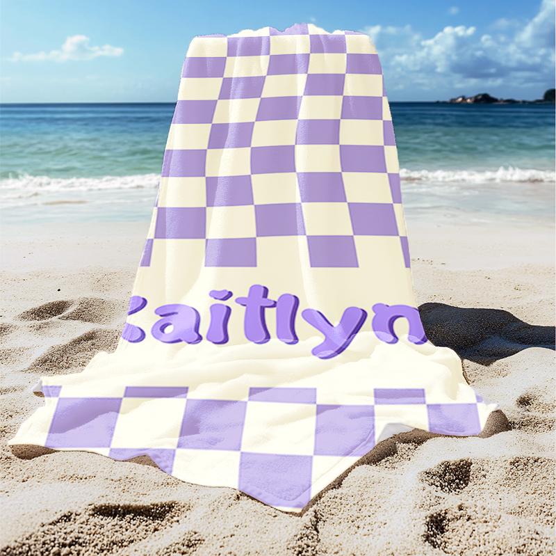 Personalized Striped Checkered Beach Towel, Custom Name Colorful Summer Pool Towel for Kids