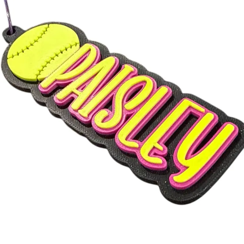 Personalized Softball Shape Bag Tag & Keychain - Glitter Fashion Accessory, Includes Keyring, Neon Yellow/Pink/Sparkly Black, Custom Name Plate Keychains, Personalized with Name, Note: Choking Hazard Small Parts, Player Names