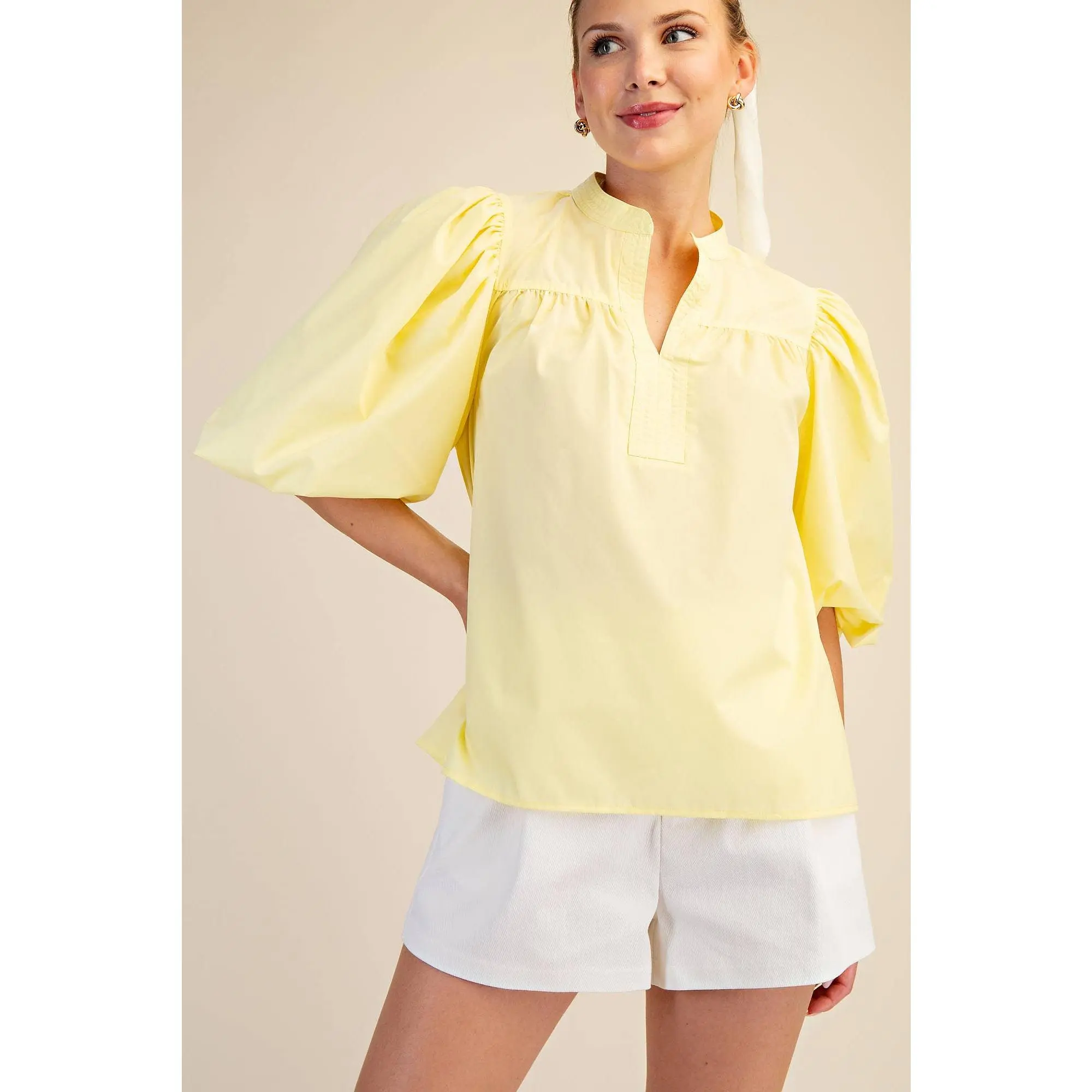 China Collar V-Neck Bubble Sleeve Poplin Top: Butter Yellow